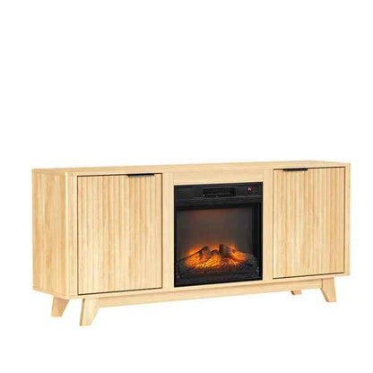 Oak Finish Fireplace TV Stand With 18 Inch Insert & Double Grid Doors, Embossed Particle Board Media Console 58 X 13.6 X 25.4 Inch