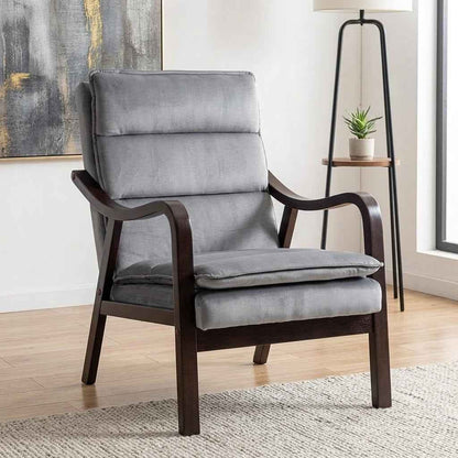 Mid-Century Modern Grey Velvet Accent Chair with Wood Armrests – Upholstered Reading Chair for Living Room & Bedroom | US Delivery Only