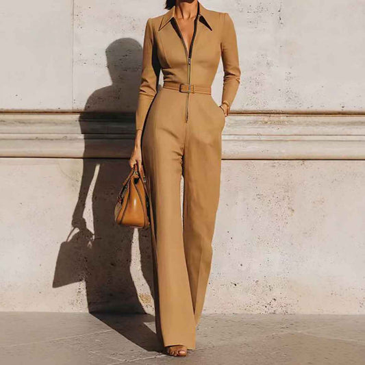 Women’s Autumn Winter V-Neck Belted Long-Sleeve Jumpsuit – Zip-Up Straight-Leg One-Piece