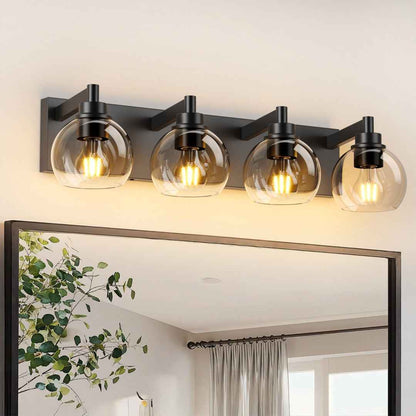 4-Light Matte Black Bathroom Vanity Light – Clear Glass Globe Wall Fixture