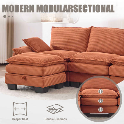 Orange Corduroy Cloud Modular Sectional Sofa – Deep Seat 4-Seat Couch with Storage & USB Ports