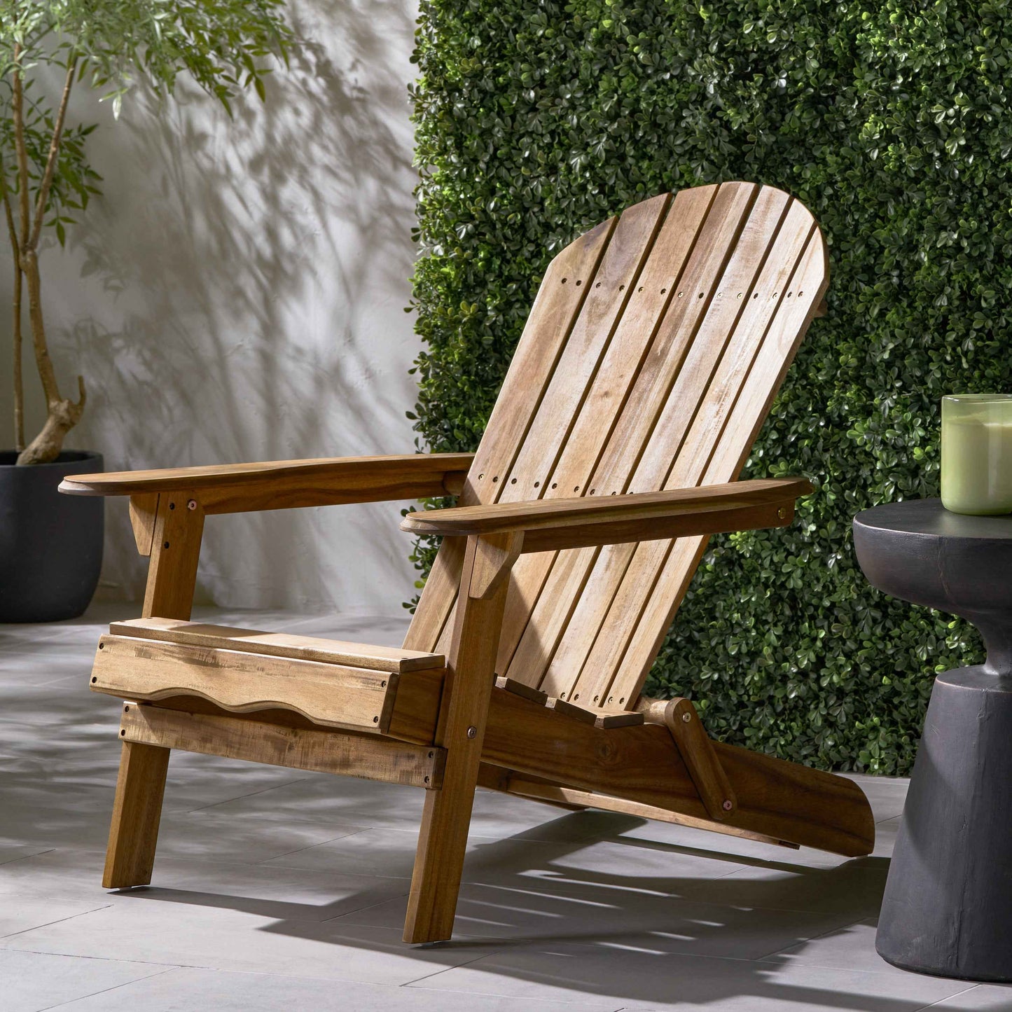 Folding Adirondack Chair – Teak Acacia Wood Outdoor Lounge Chair with Wide Armrests & Slatted Back