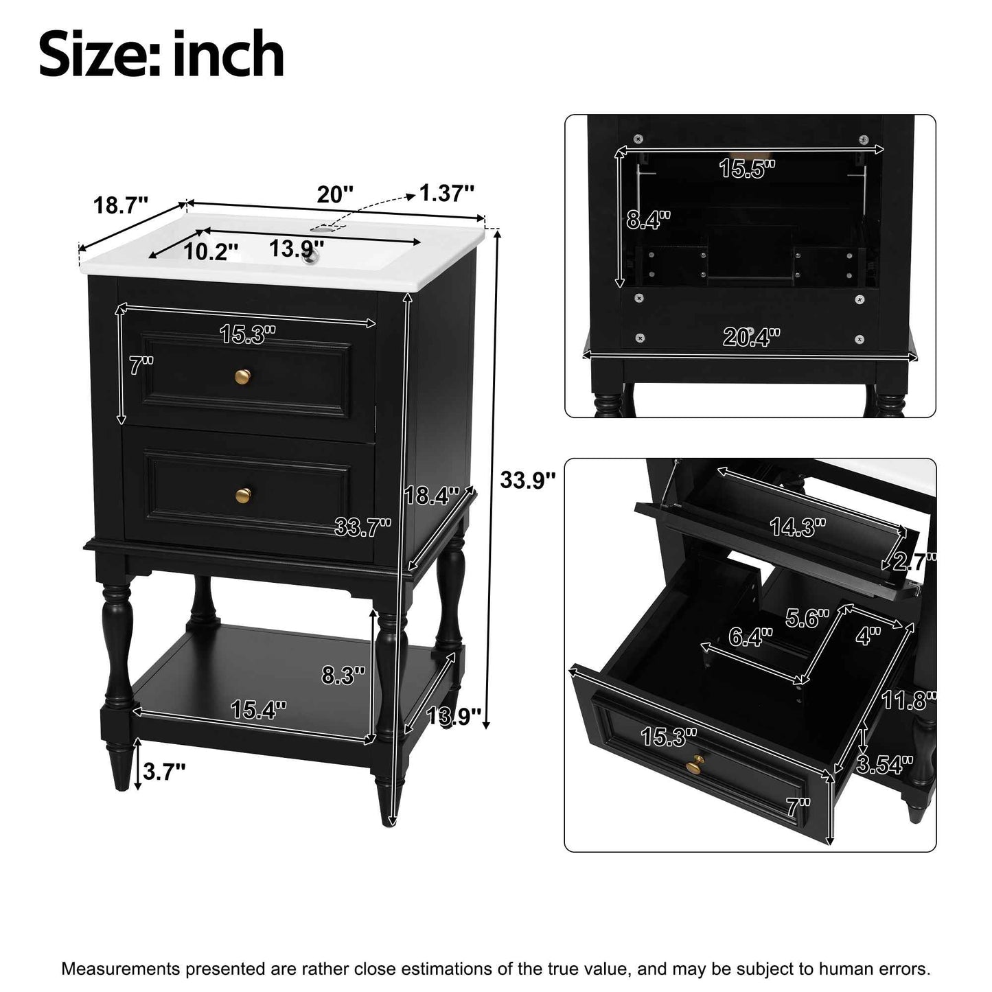 20 Inch Black Bathroom Vanity with Ceramic Sink – Retro Freestanding Cabinet with 2 Drawers