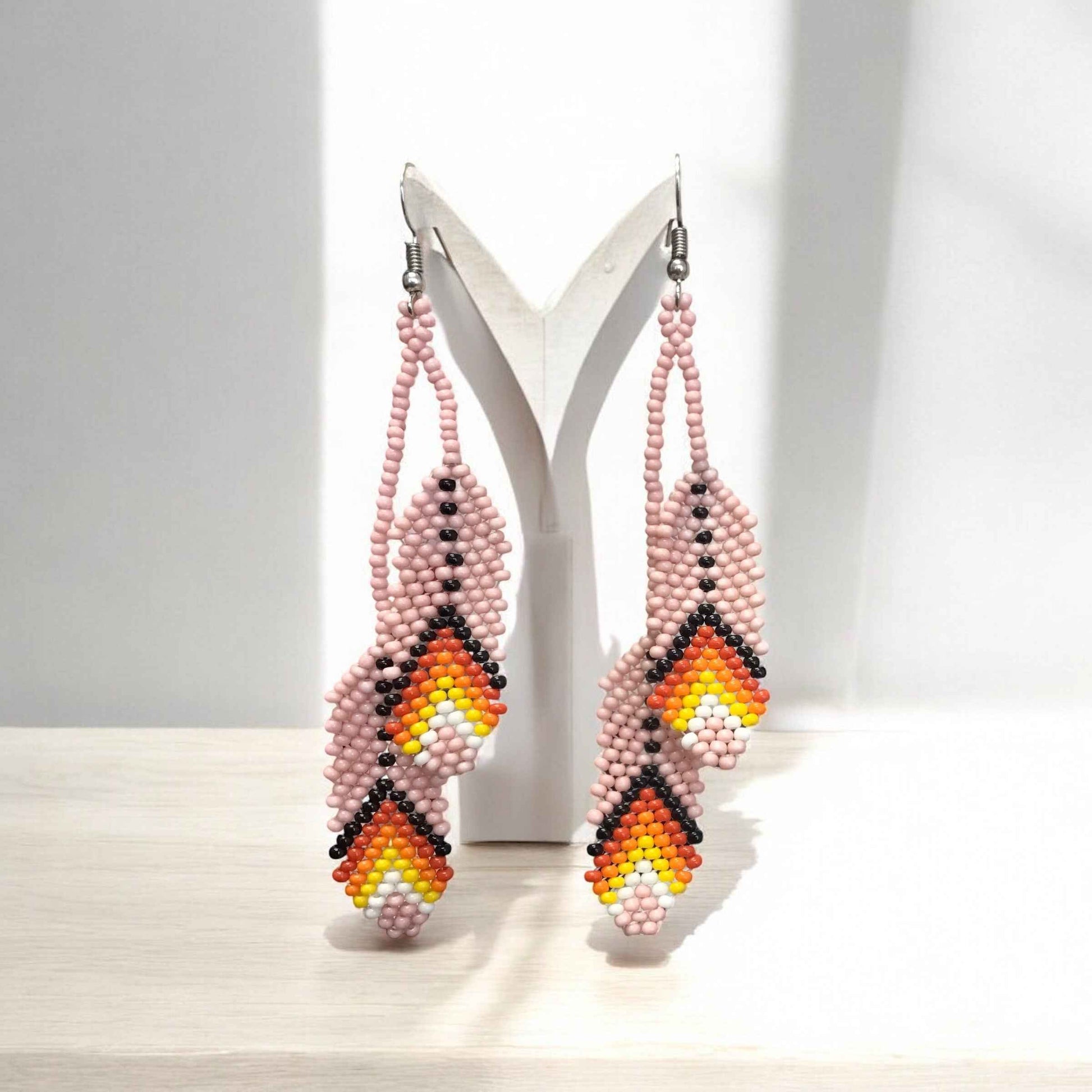 OldTribes™ lights pink Beaded Feather Earrings