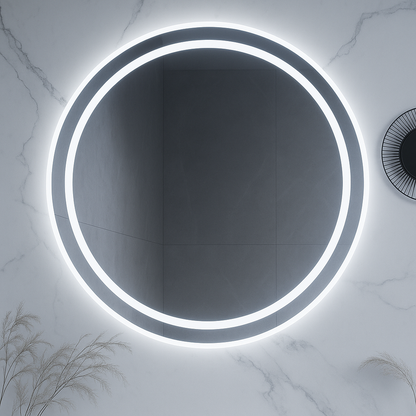 Ondelle Round LED Bathroom Mirror — Front-Lit Ring + Backlit Halo, Anti-Fog, Dimmable | 24″, 28″, 32″