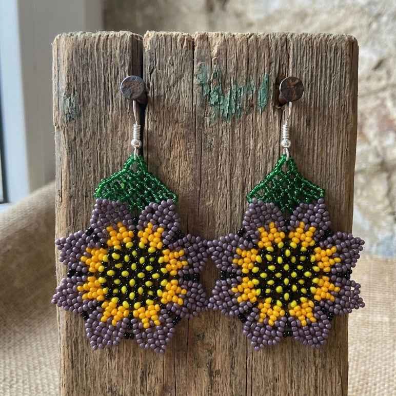 Sunflower Beaded Earrings (Purple)