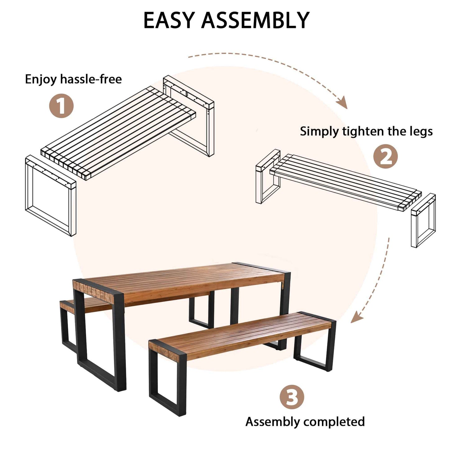 3-Piece Outdoor Dining Set with Acacia Wood Table & 2 Benches – Steel Frame Patio Furniture, Natural (US Delivery Only)