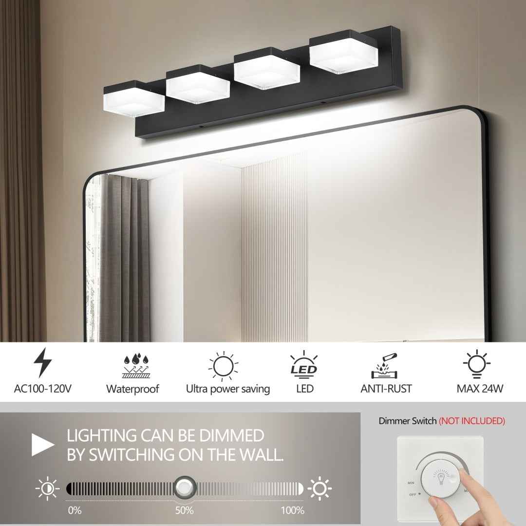 Modern 4-Light Bathroom Vanity Light – Matte Black 24W LED Wall Fixture