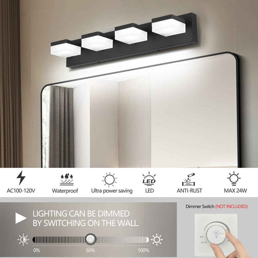 Modern 4-Light Bathroom Vanity Light – Matte Black 24W LED Wall Fixture