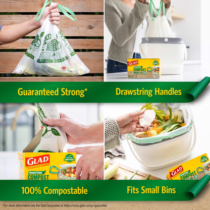 Glad Certified Compostable Drawstring Bags - Small 10 Litres - Drawstring, 80 Compost Trash Bags - Unscented 🍁 All In One Marketplace Canada