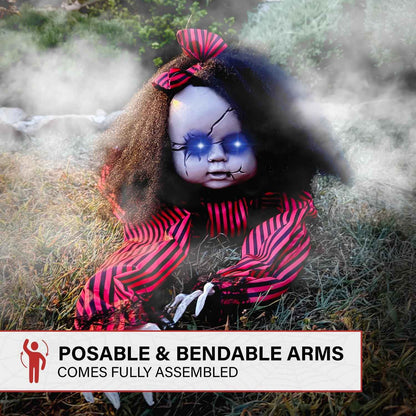Haunted Hill Farm Scary Haunted Crawling Baby Doll, Halloween Animatronic with Touch Activated Lights and Sound, Battery Operated Indoor or Covered Outdoor Halloween Decorations, Creepy Fright Props