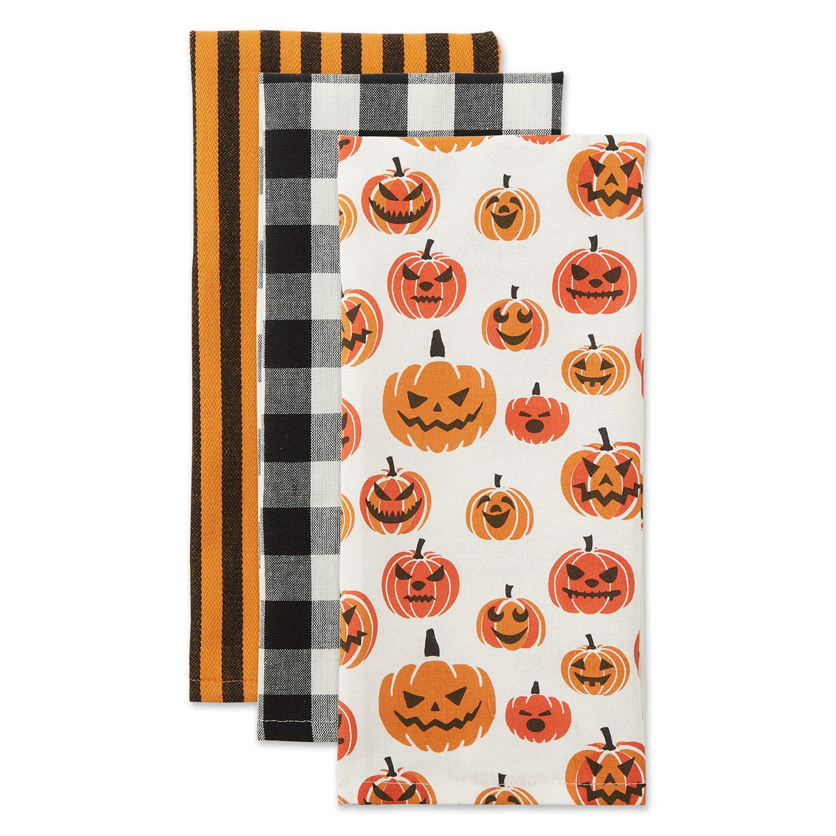 DII Halloween Hand Towels for The Kitchen Decorative Spooky & Fun Cotton Printed Dishtowel Set, 18x28, Black & White Buffalo Check/Orange Stripes, 3 Count