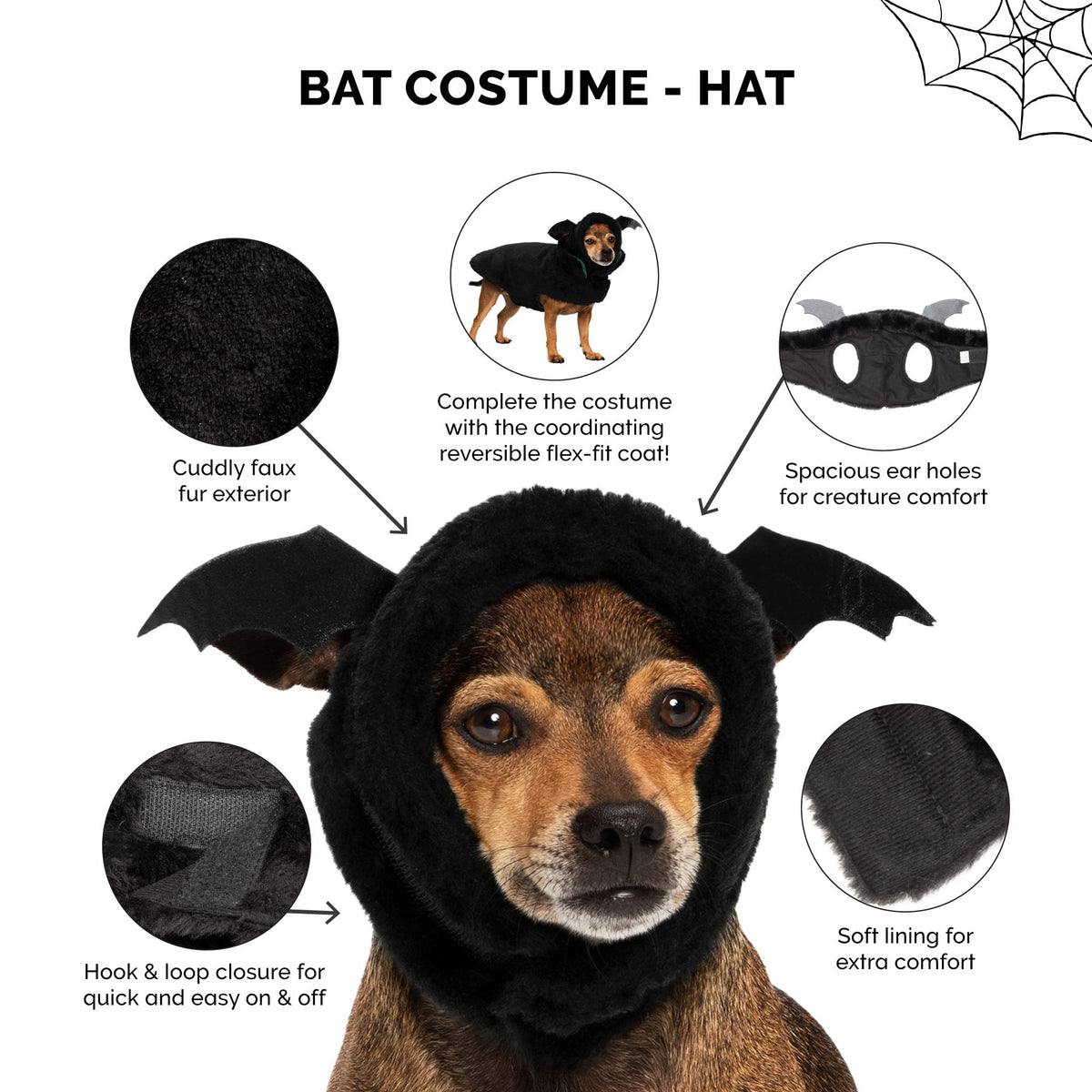 Furhaven Flex-Fit Black Bat Plush Faux Fur Dog Hat, Halloween Costume - Black, Medium