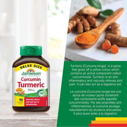 Jamieson Curcumin Turmeric 550 mg, Provides Natural Joint Pain Relief, Supports Inflammation, and Helps with Digestion. NON-GMO, Gluten-Free, 90 Vegetarian Capsules, Proudly Canadian 🍁 All In One Marketplace Canada