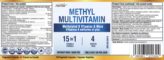 Herba Methylated Multivitamin with 500mg TMG & Methylated B Complex - 120 Capsules | 15 in 1 Formula | B Complex Vitamins for Women & Men including Methyl Folate Supplement | Vegan | Made in Canada 🍁 All In One Marketplace Canada