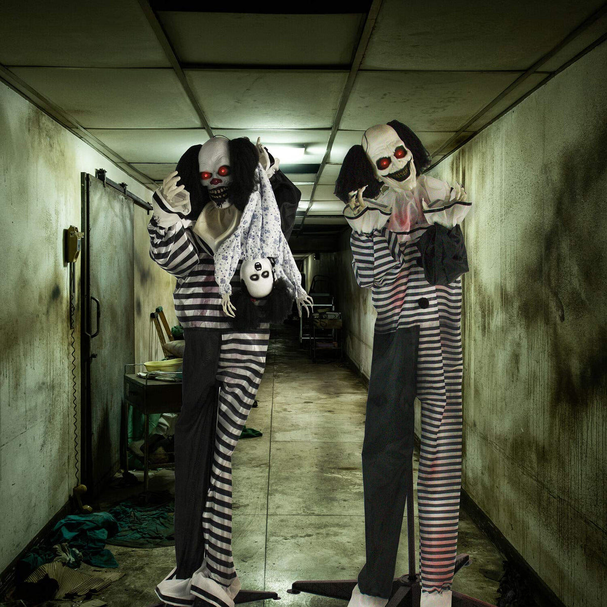 Haunted Hill Farm Scary Animatronic Talking Clown with Touch Activated Lights and Sounds, Indoor or Covered Outdoor Halloween Decorations for Home or Haunted House, Battery Operated Halloween Props