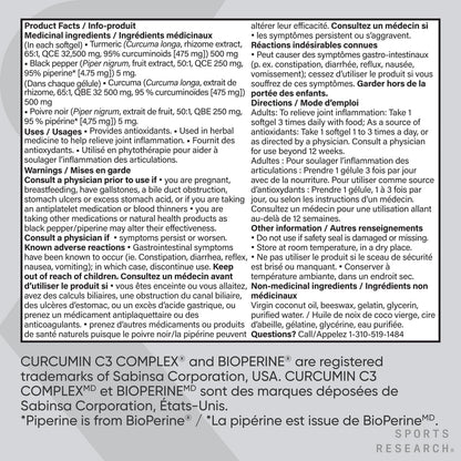 Sports Research® Turmeric Curcumin C3® Complex 500mg, Enhanced with Black Pepper & Organic Coconut Oil for Better Absorption; Non-GMO, Gluten Free & Third-Party Tested - 120 Liquid Softgels 🍁 All In One Marketplace Canada