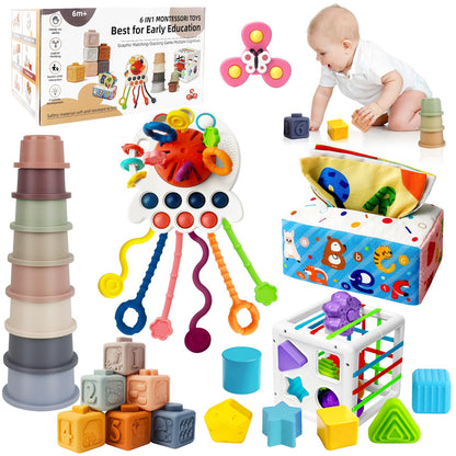 6 in 1 Baby Montessori Toys for 6-12 Months, Montessori Toys for Babies Incl Pull String Toy, Stacking Cups, Tissue Box Toy, Suction Cup Spinner Toys, Stacking Blocks, Activity Cube Gift for Boy Girl 🍁 All In One Marketplace Canada