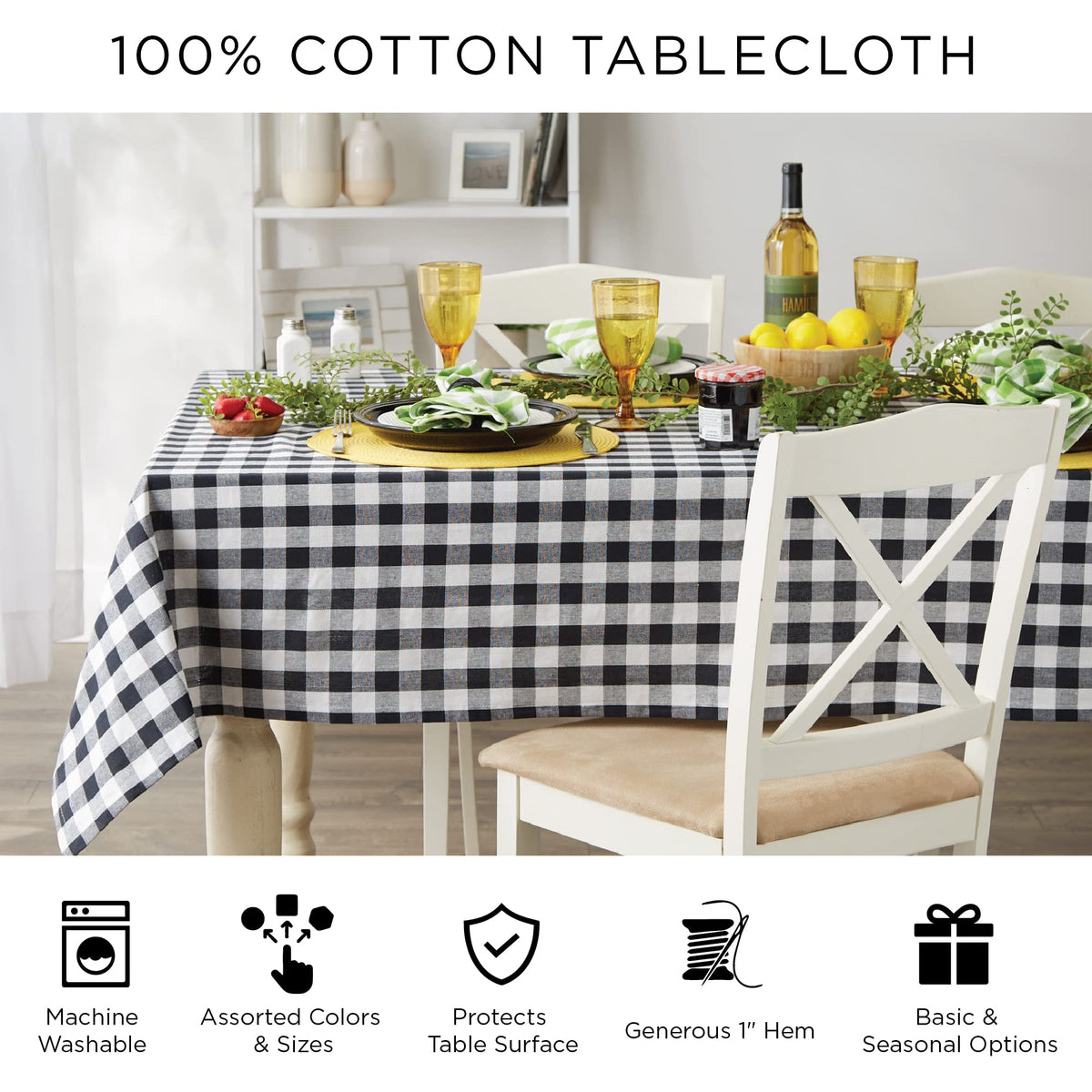 DII 100-Percent Cotton, Machine Washable, Dinner, Halloween Tablecloth 70" Round, Orange and Black Buffalo Check, Seats 4 People