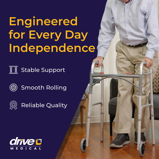 Drive Medical Two-Button Folding Walker w/ Wheels - Lightweight Rolling Mobility Support - Desk Arms - Adjustable Height - Dual Push-Button Operation - 5 Inch Front Wheels - Durable Aluminum - Silver 🍁 All In One Marketplace Canada