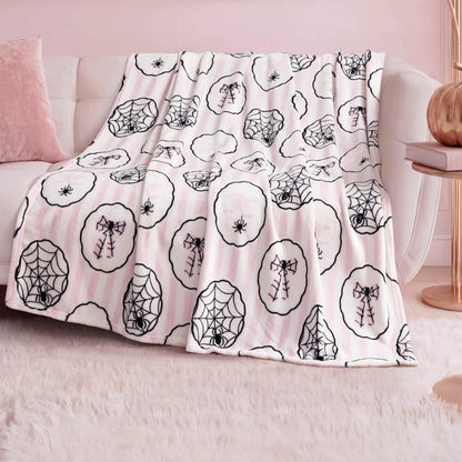 Juicy Couture Spider Stripe Halloween Plush Throw Blanket, Soft Polyester Decorative Throw for Sofa or Bed, Light Pink, 50"x60"