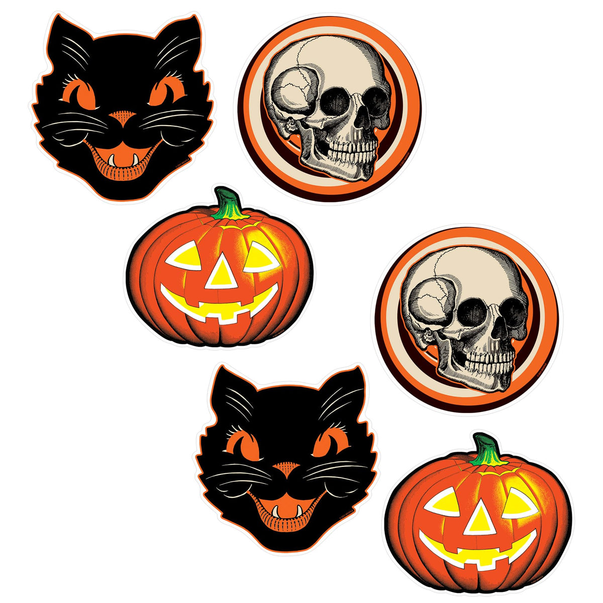 Beistle Set of 6 Plastic Vintage Halloween Cutouts, 10”-12”, Jack-O-Lantern, Cat, and Skull Designs