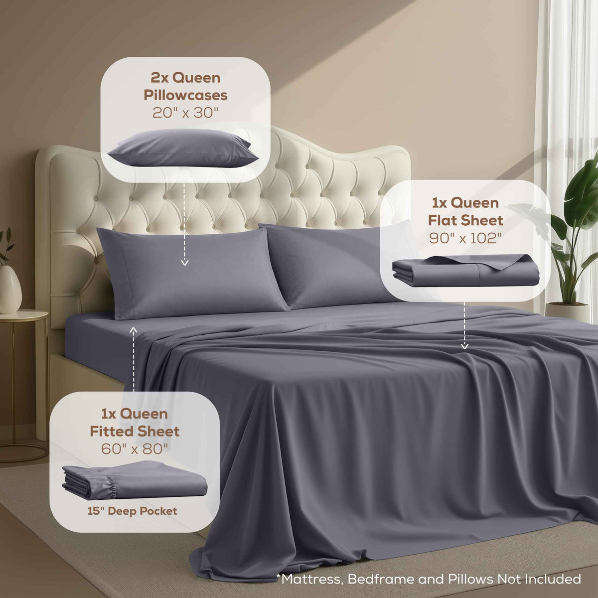 Utopia Bedding Queen Bed Sheets - 4 Piece Queen Size Cooling Sheet Set - Hotel Luxury Soft Breathable Microfiber, Oeko-TEX, Deep Pocket Easy Fit & Care, Fade & Wrinkle Resistant, Grey 🍁 All In One Marketplace Canada