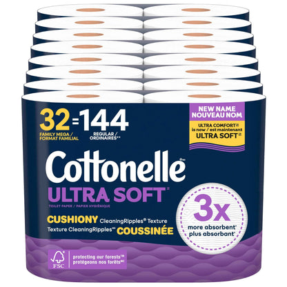 Cottonelle Toilet Paper, 32 Family Mega Rolls = 144 Regular Rolls (8 Packs of 4), Ultra Soft, Soft Bathroom Tissue, 296 Sheets per Roll, Packaging May Vary 🍁 All In One Marketplace Canada