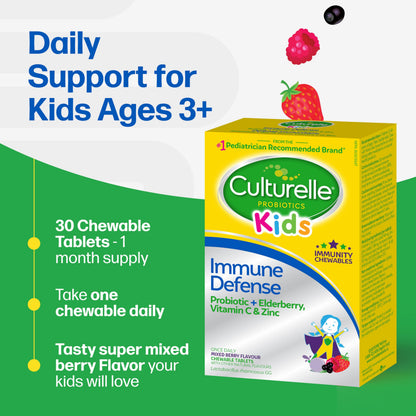 Culturelle Kids Immune Defense, Probiotic + Elderberry, Vitamin C and Zinc, Immune Support for Kids, Mixed Berry Chewables, 30 count 🍁 All In One Marketplace Canada