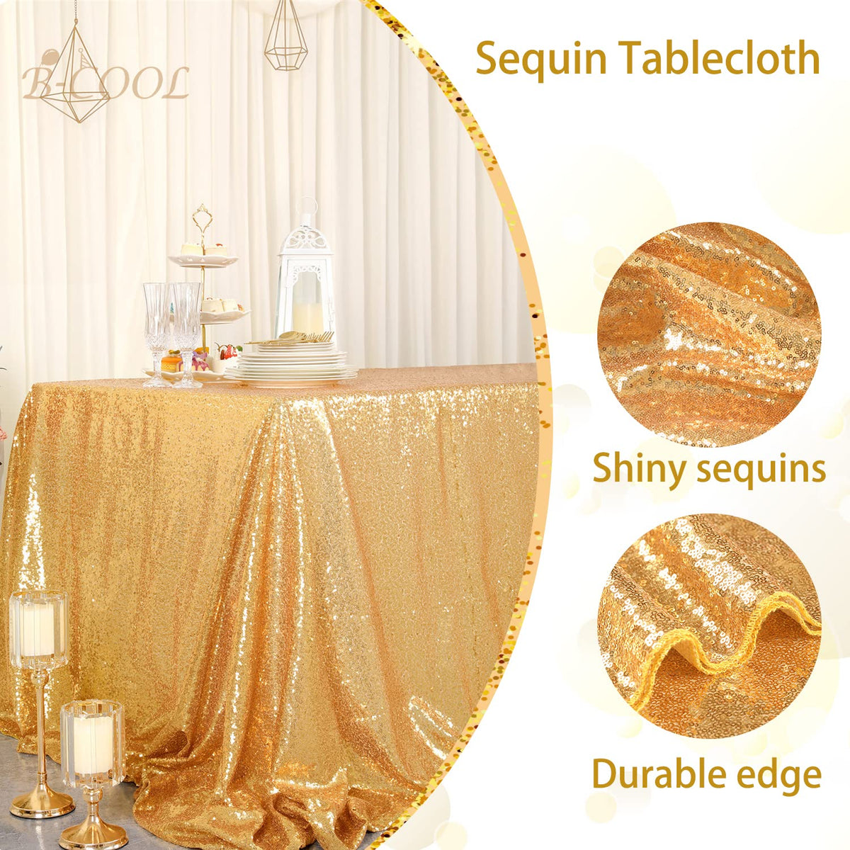 B-Cool Gold Sequin Tablecloth Party Glitter Tablecloth Sparkly Table Cloth 60x102 Inches Rectangle Classy Elegant Tablecloth for Christmas Halloween Theme Parties Table Decorations