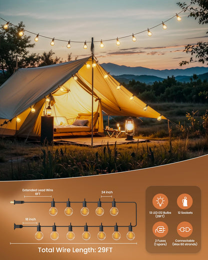 Outdoor String Lights 25 Feet G40 Globe LEDs Patio Lights with 13 Edison LED Bulbs(1 Spare), Waterproof Connectable Hanging Light for Backyard Porch Balcony Party Decor, E12 Socket Base, Black 🍁 All In One Marketplace Canada