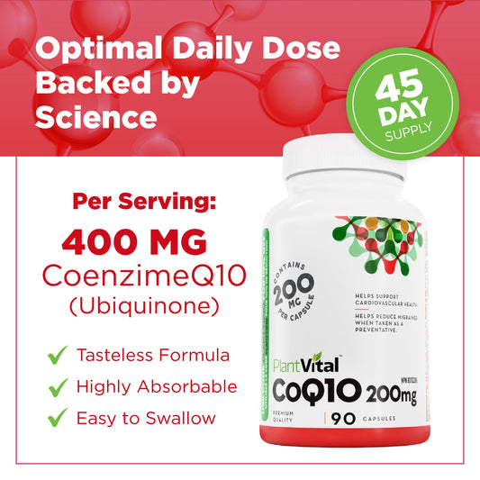 PlantVital Coenzyme Q10 - Made in Canada - 400mg (2 capsule per day) - CoQ10 Supplement - Support Cardiovascular Health - High-Potency - Helps Reduce Migraine Frequency - 45 Days Supply - 90 Capsules 🍁 All In One Marketplace Canada