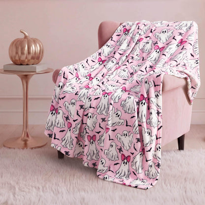 Juicy Couture Girly Ghosts Halloween Plush Throw Blanket, Soft Polyester Decorative Throw for Sofa or Bed, Light Pink, 50"x60"