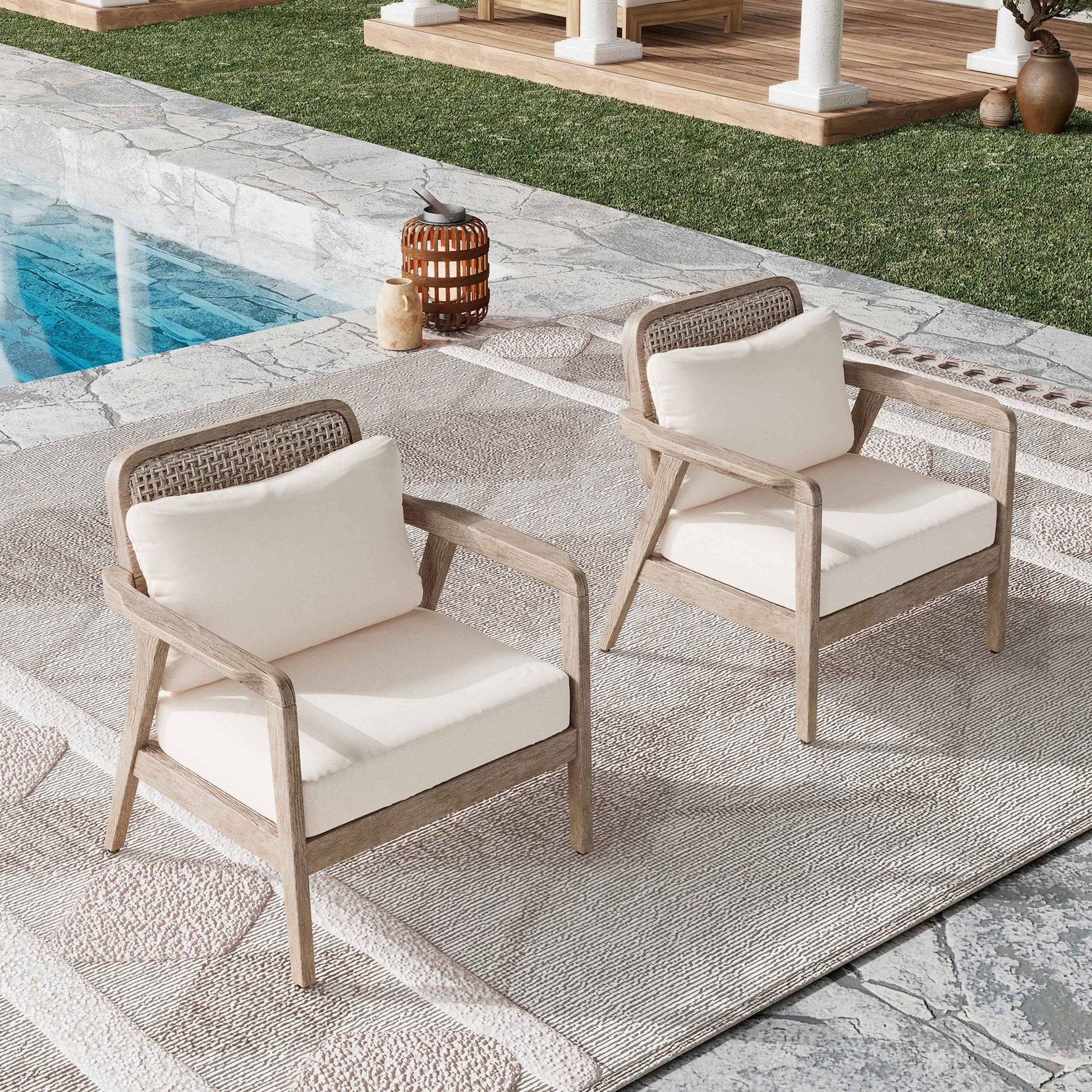 Set of 2 Outdoor Acacia Wood Patio Club Chairs – Deep Seating with Thick Cream Cushions (United States Delivery Only)