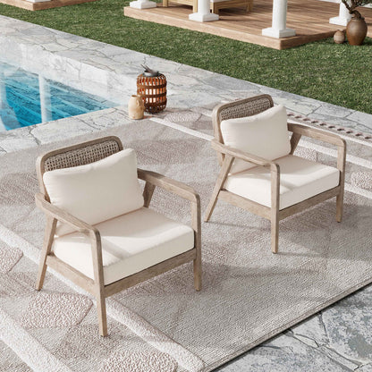 Set of 2 Outdoor Acacia Wood Patio Club Chairs – Deep Seating with Thick Cream Cushions (United States Delivery Only)