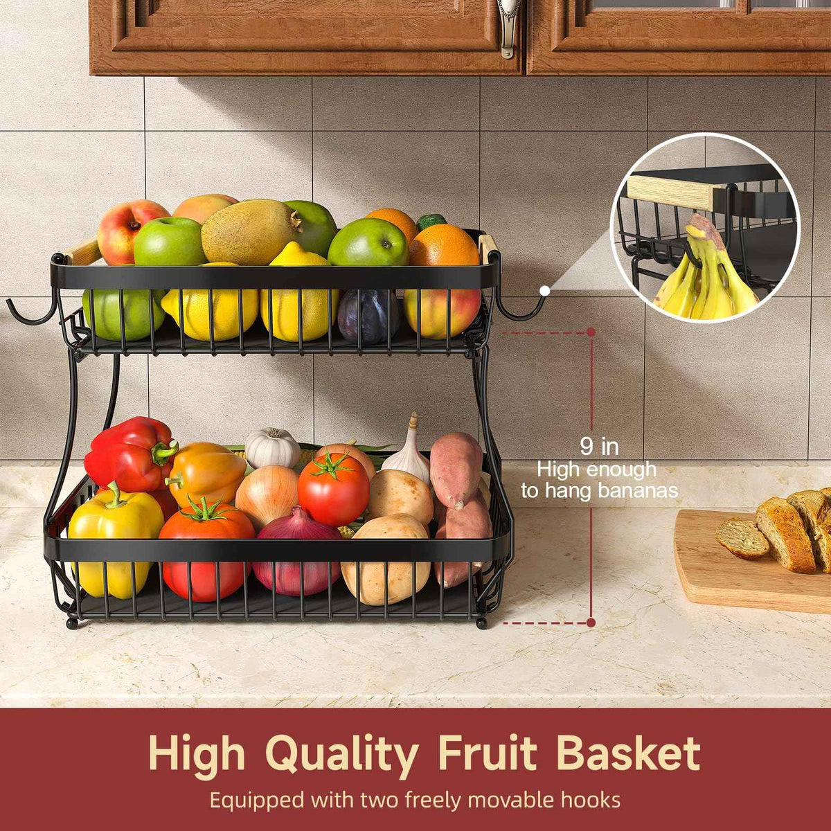 2 Tier Large Fruit Bowl for Kitchen Counter with 2 Banana Holders,2026 Sturdy Metal Fruit Basket with Protective Mats Keeping Fruits Fresh,Kitchen Organizers and Storage for Bread Potato Onion Storage 🍁 All In One Marketplace Canada