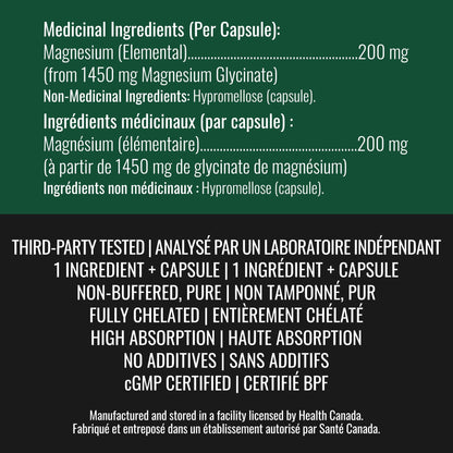 Magnesium Glycinate 200 mg Capsules (Elemental) from Non-Buffered Fully Chelated 100% Magnesium Bisglycinate - 62 Max-Capacity High-Absorption Capsules - Made in Canada - Nutritionn 🍁 All In One Marketplace Canada