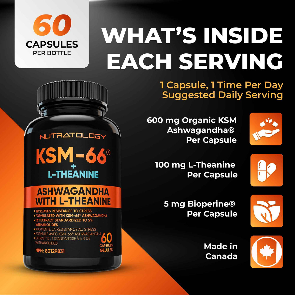 Nutratology® Ashwagandha KSM-66 7200MG + L-Theanine 100MG - Made In Canada | Stress Relief Supplements - Relaxation & Mood Support - Formulated With Bioperine For Enhanced Absorption - 60 Capsules 🍁 All In One Marketplace Canada