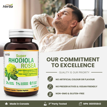 Herba Rhodiola Rosea Supplement 200mg - 90 Capsules | 6:1 Extract | Rhodiola Supplement with Min 3% Rosavins and 1% Salidrosides | Help Relieve Symptoms of Stress | Made in Canada 🍁 All In One Marketplace Canada