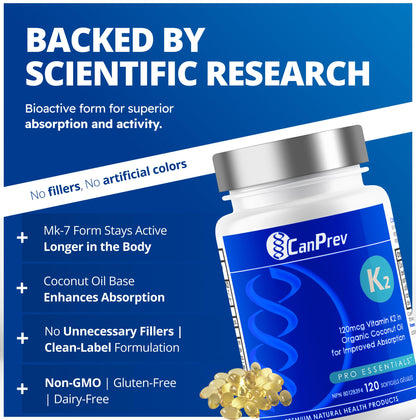 CanPrev K2 120mcg with Organic Coconut Oil, 120 Softgels 120-Day Supply, Pure MK-7 for Enhanced Absorption, Support for Stronger Bones and Healthy Teeth 🍁 All In One Marketplace Canada
