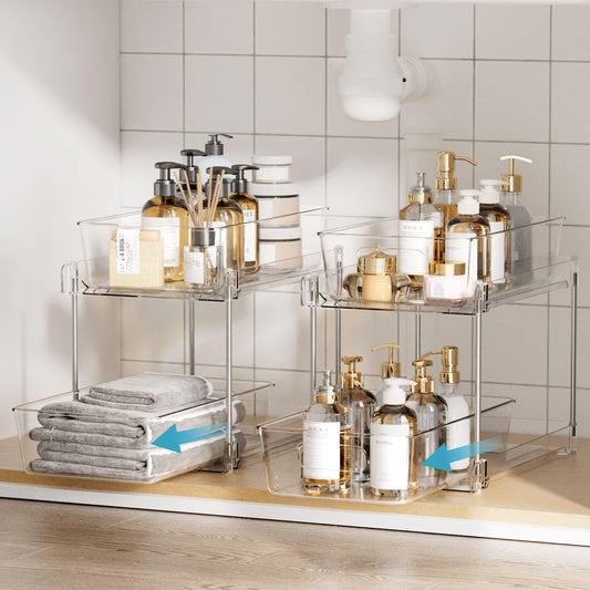 2 Tier Bathroom Organizer, Vtopmart 2 Pack Clear Under Sink Organizers Vanity Counter Storage Container, Medicine Cabinet Drawers Bins, Pull-Out Organization with Track for Pantry, Kitchen 🍁 All In One Marketplace Canada
