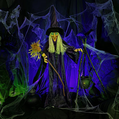Haunted Hill Farm Life-Size Scary Talking Witch with Broomstick, Halloween Animatronic with Touch Activated Lights and Sound, Battery Operated Indoor or Covered Outdoor Halloween Decorations