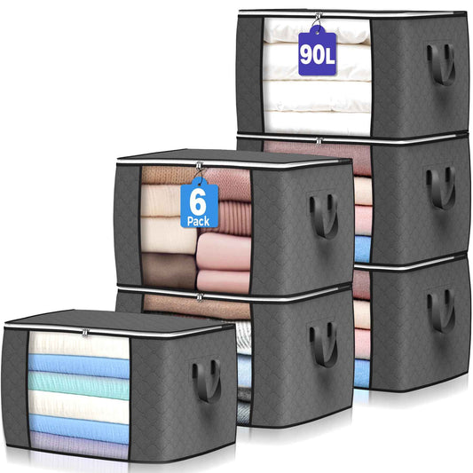 90 L Large Storage Bags, 6 Pack Clothes Storage Bins Foldable Closet Organizers and Storage Containers with Reinforced Handle for Clothing, Blanket, Comforters, Bed Sheets, Pillows and Toys (Gray) 🍁 All In One Marketplace Canada