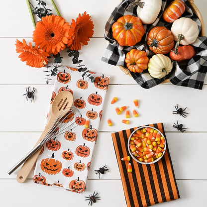 DII Halloween Hand Towels for The Kitchen Decorative Spooky & Fun Cotton Printed Dishtowel Set, 18x28, Black & White Buffalo Check/Orange Stripes, 3 Count