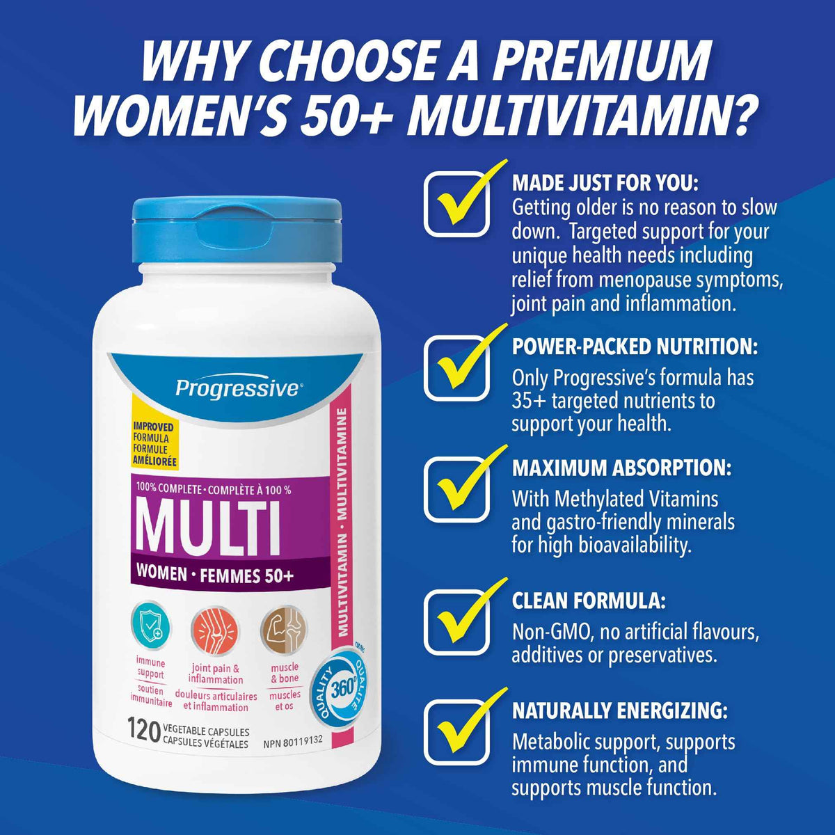 Progressive Advanced Multivitamin for Women 50+, with Black Cohosh, Chastetree, Maca, Turmeric, and CoQ10. Supports Menopause, Immunity, Heart Health, Joint Health, and Inflammation, 100% Complete, Canadian-Made, 120 Count 🍁 All In One Marketplace Canada