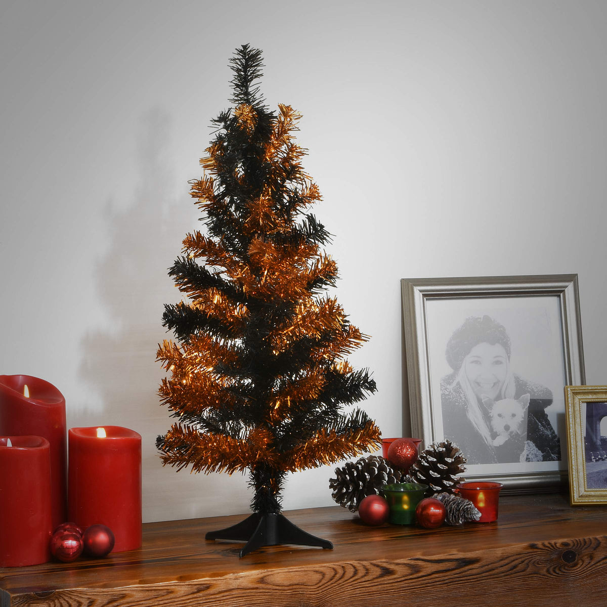 National Tree Company Tinsel Tree, Black, Orange, Halloween Collection, 24 in