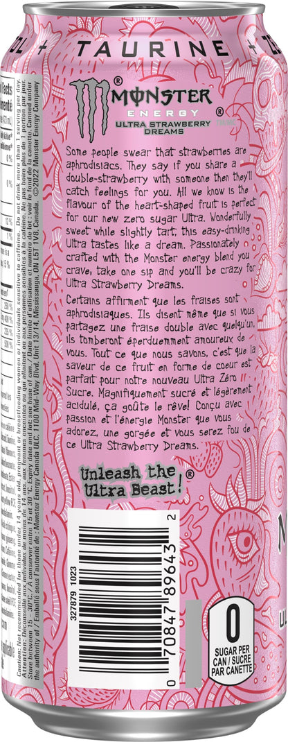 MONSTER ENERGY, Ultra Strawberry Dreams, 473 mL Cans (12 Pack) – Zero Sugar Energy Drink 🍁 All In One Marketplace Canada