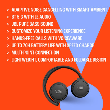 JBL Tune 670NC - Adaptive Noise Cancelling with Smart Ambient Wireless On-Ear Headphones, Up to 70H Battery Life with Speed Charge, Lightweight, Comfortable and Foldable Design (Black) 🍁 All In One Marketplace Canada