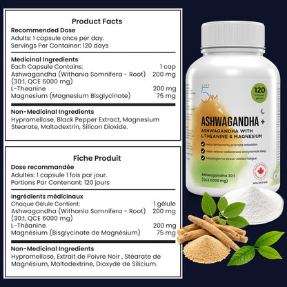 Live 5AM Ashwagandha 6000mg with L-Theanine 200mg, Magnesium Bisglycinate 75mg & Black Pepper Extract - Relaxation, Stress & Restlessness Support - 4 Month Supply, 120 Capsules - Made in Canada 🍁 All In One Marketplace Canada