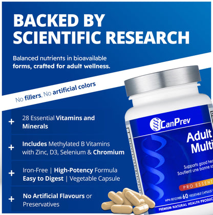 CanPrev Adult Multi, 60 V-Caps 30-Day Supply - Non-GMO and Gluten-Free - High-Potency Multivitamin and Multi-Mineral Formula - Iron-Free - Easy to Digest - Complete Daily Vitamins and Minerals 🍁 All In One Marketplace Canada